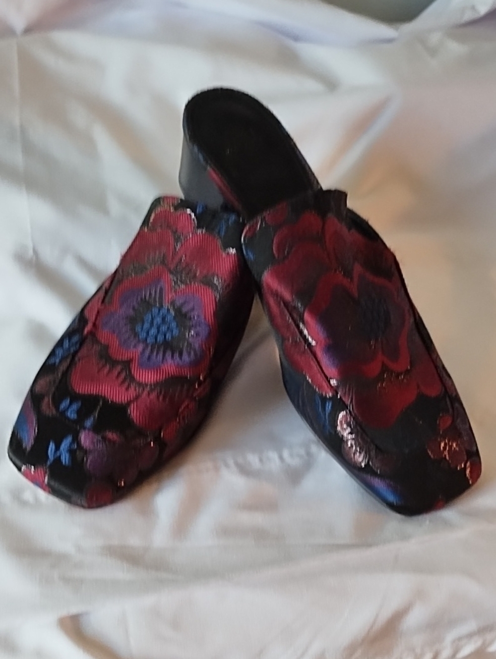 Marc Fisher Black Slip-On Mules with Red and Purple Floral Embroidery